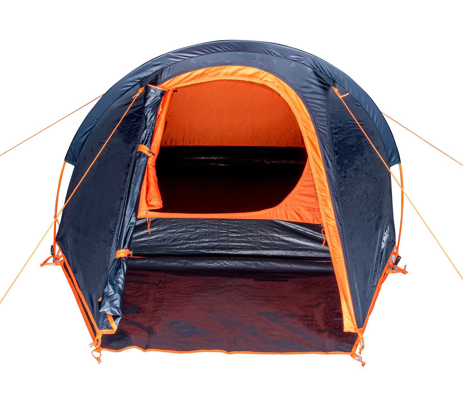 Offenes blaues Tambu 2-Personen-Kuppelzelt »HAIKA 2» mit orangefarbenem Interieur.