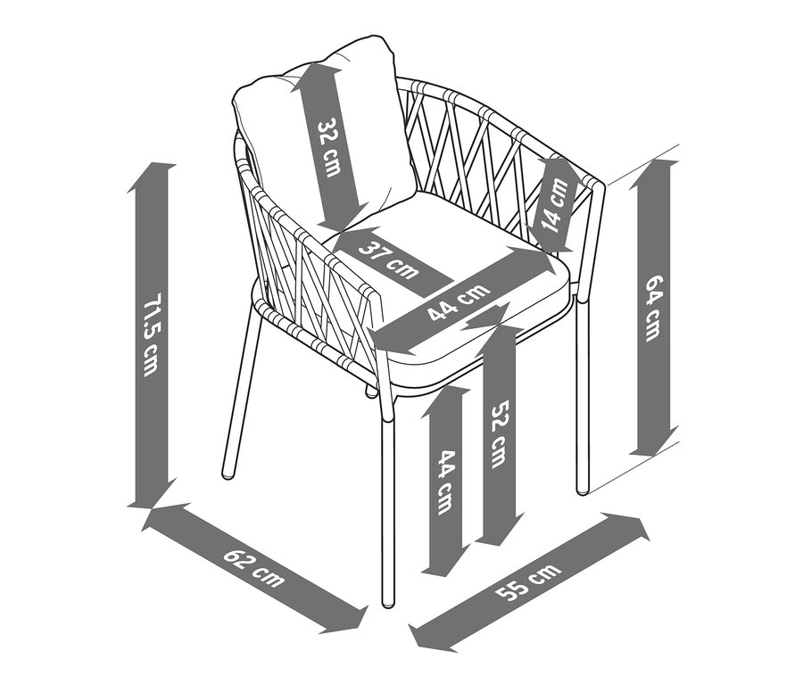 Maße von einem Dining-Sessel mit Textilgeflecht (2 Stk.) werden mit Pfeilen dargestellt.