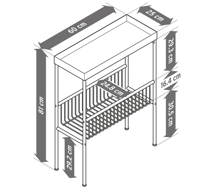 Illustration einer schmalen Konsole mit Ablageflächen und Bemaßungen.