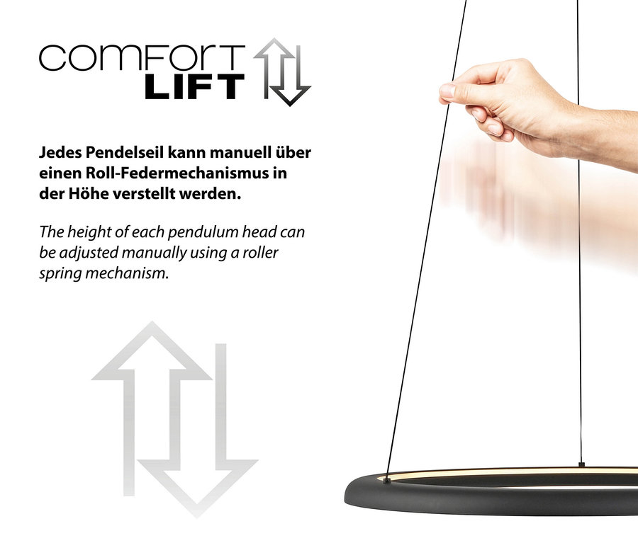 Eine Hand justiert die Höhe einer Pendelleuchte mit dem Comfort Lift Mechanismus.