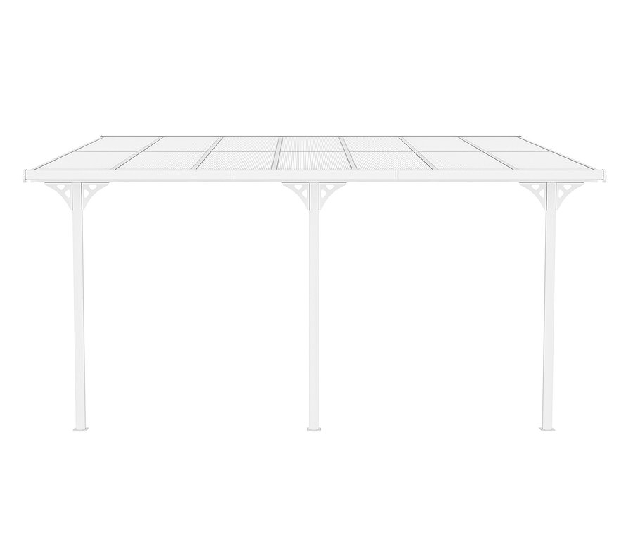 Weiße Terrassenüberdachung, Breite ca. 435 cm.