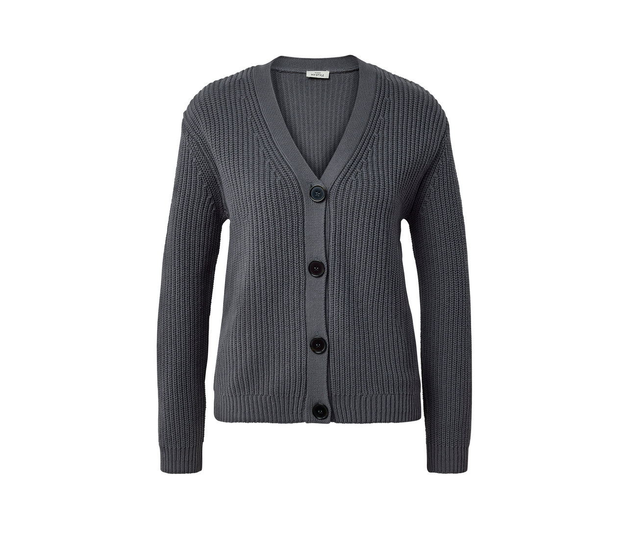 Anthrazitfarbener Grobstrick-Cardigan mit Knöpfen.