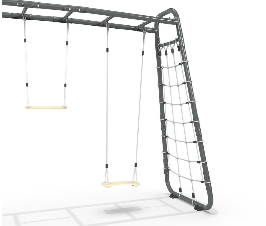 Graues EXIT Klettergerüst »MB310« mit zwei Schaukeln und Kletternetz.