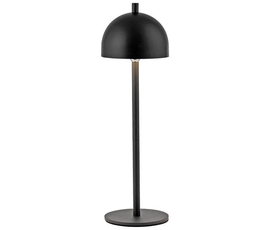 Schwarze Lampe mit rundem Schirm und schlankem Fuß.