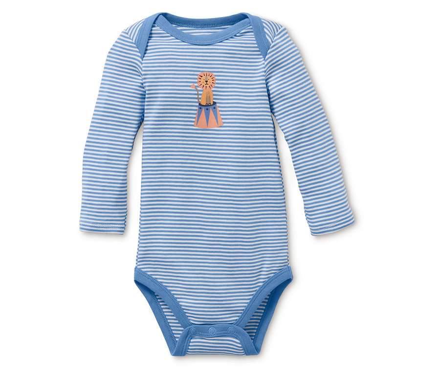 Ein blau gestreifter Langarmbody mit einer Löwen-Applikation.