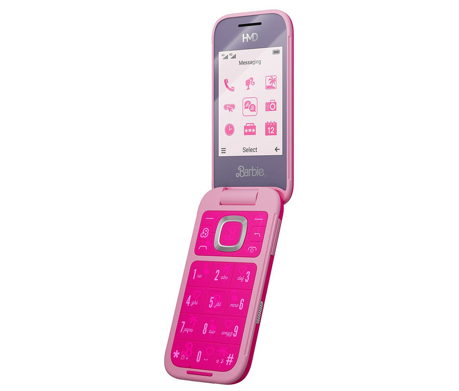 Ein geöffnetes, pinkfarbenes HMD Barbie Phone 4G Klapphandy.