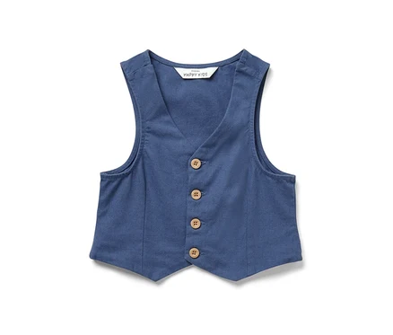 Eine blaue Kinder-Weste mit Knöpfen.