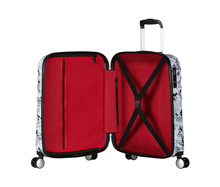Geöffneter, kleiner American Tourister Wavebreaker »Minnie Mouse« Koffer mit rotem Innenraum und Mickey Mouse Print.