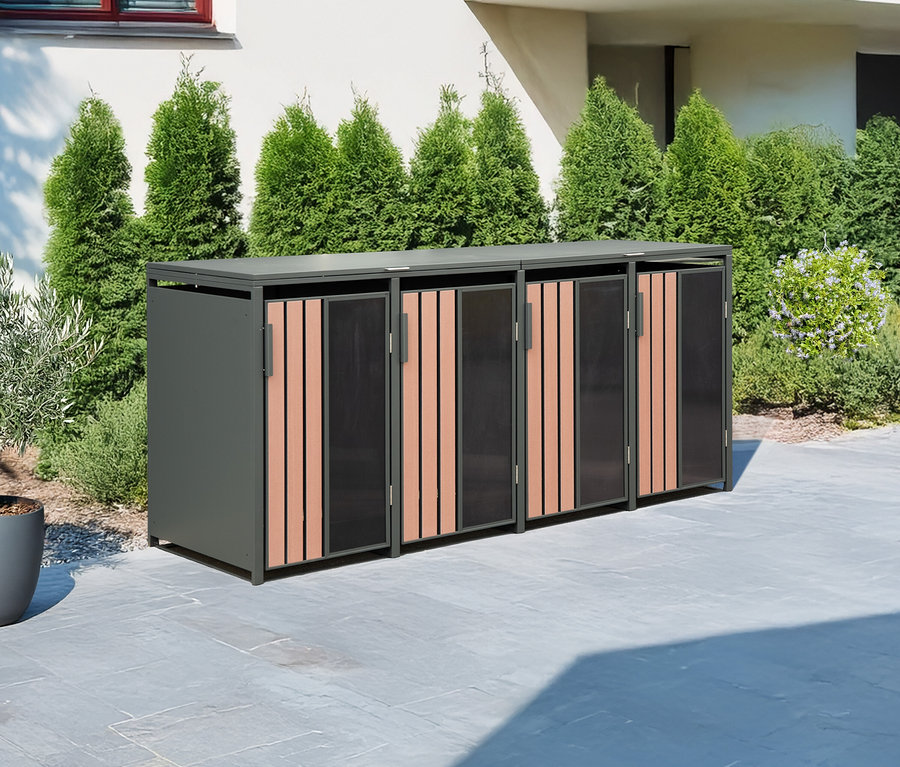 Mülltonnenbox für den Außenbereich mit vier Türen mit Aluminiumrahmen und Holzlamellen.