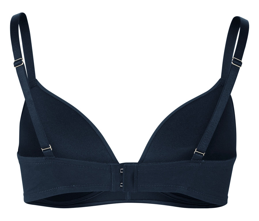 Detailansicht von hinten eines dunkelblauen BHs mit verstellbaren Trägern und Hakenverschluss.