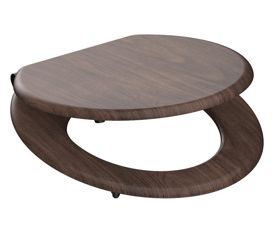 Nahaufnahme eines braunen WC-Sitzes aus Holz.