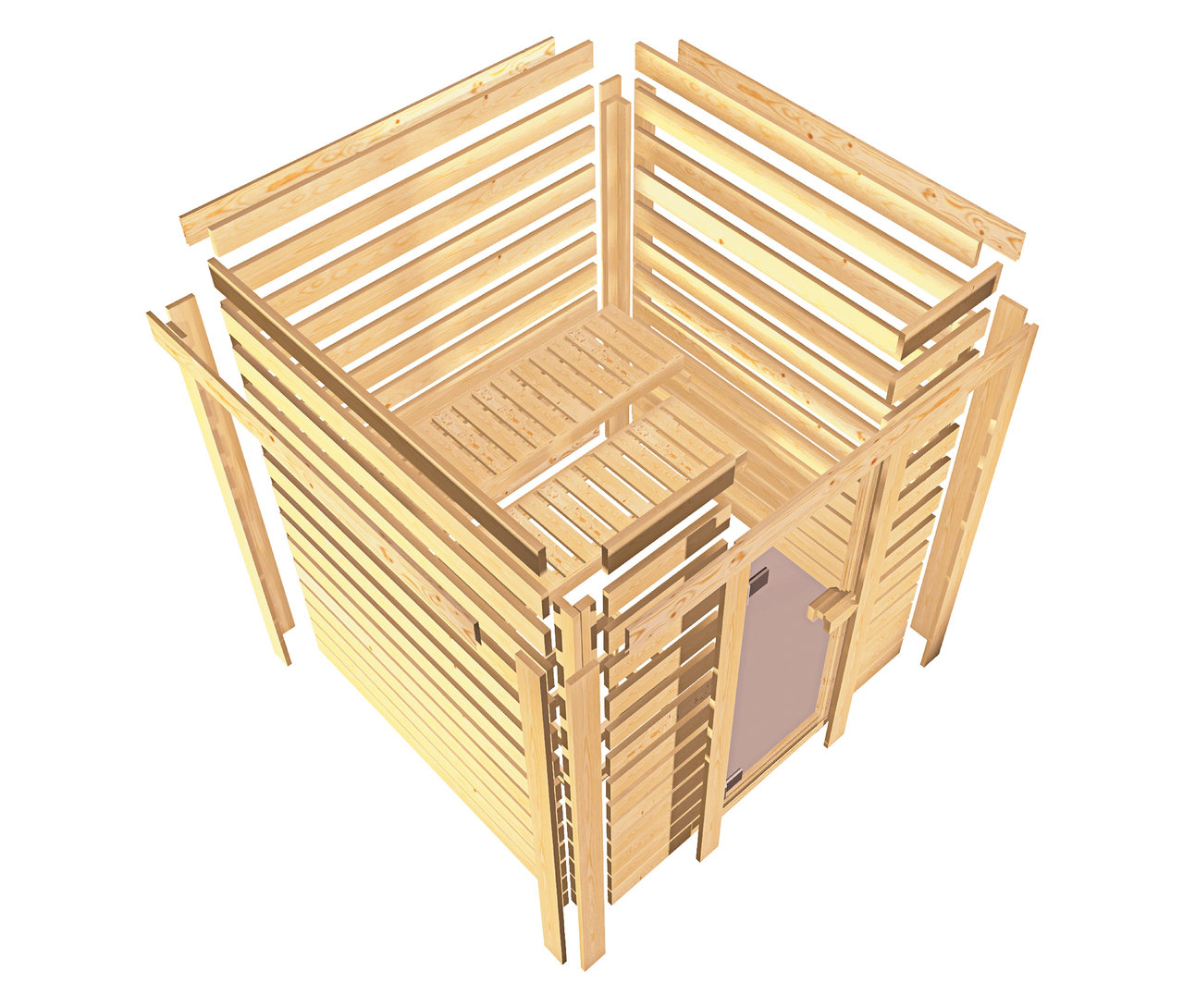 Teilweise montierte Holzkonstruktion mit Innensitzbereich.