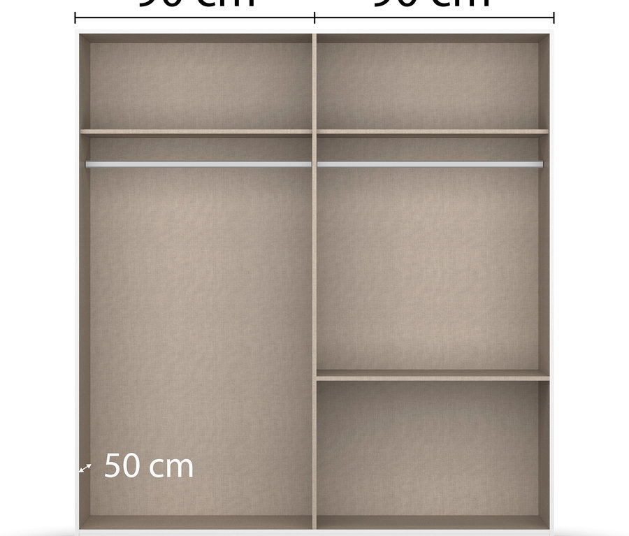 Innenansicht eines beige-champagnerfarbenen Schranks mit vier Regalböden und zwei Schubladen.