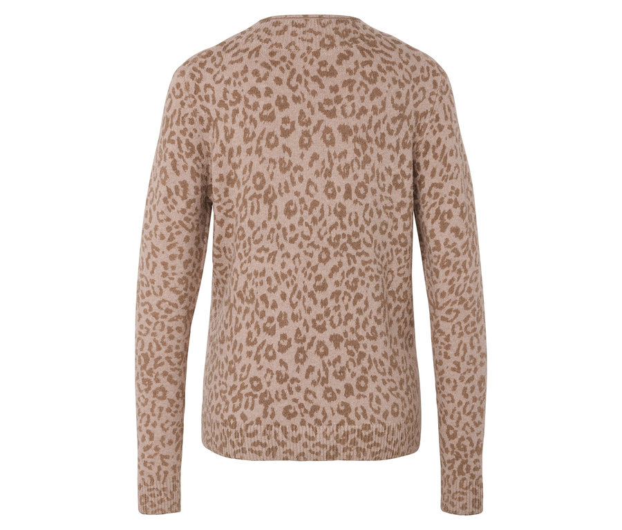 Rückansicht eines beigen Pullovers mit Leopardenmuster.