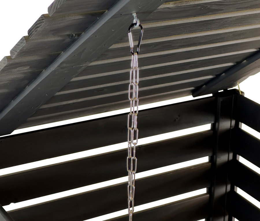 Detailansicht des Deckels einer anthrazitfarbenen Mülltonnenverkleidung, 240 l, mit Kette.