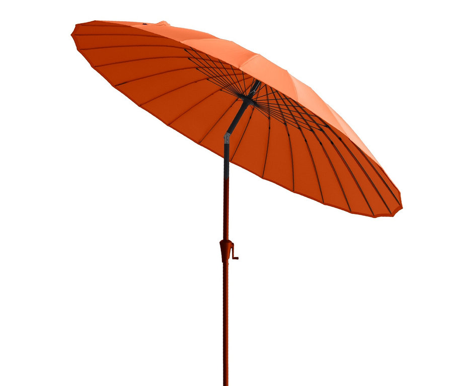 Ein orangefarbener Leco Shanghai Sonnenschirm, Ø 270 cm, vor einem weißen Hintergrund.