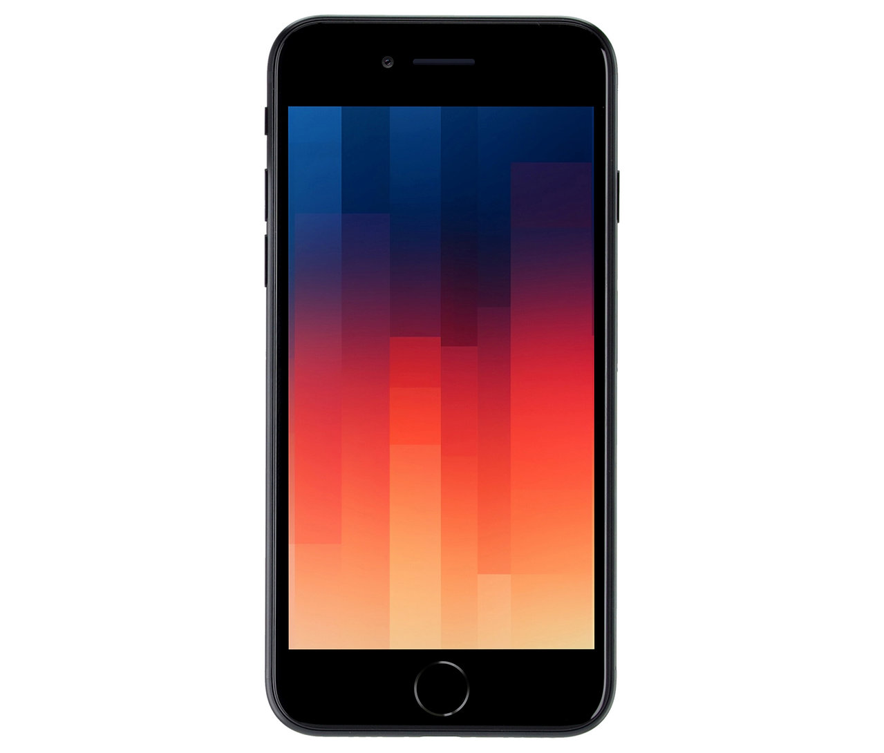 Schwarzes Mobiltelefon mit farbigem Bildschirm. Auf dem Display ist ein farbiges Muster zu sehen. Das Produkt ist ein Apple iPhone SE 2022 128 GB in Schwarz.
