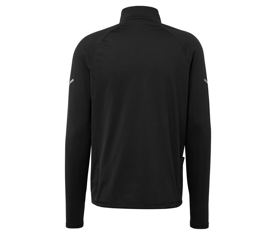 Rückansicht einer schwarzen Sportjacke mit langen Ärmeln.
