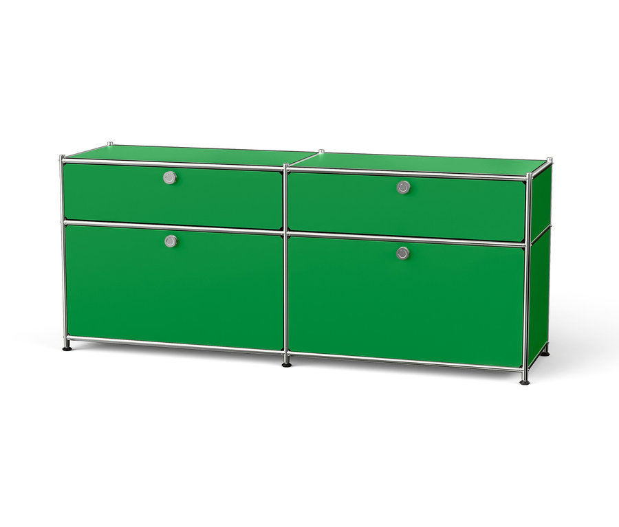 Grüne Kommode mit vier Schubladen und silbernem Rahmen.