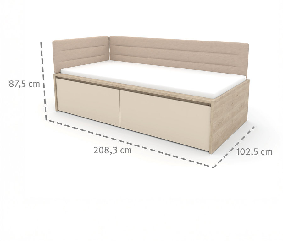 Das Roba Jugendbett »Louisa«, 90 x 200 cm, mit hellbraunem Holzrahmen, hellen Schubladen und beigem Kopfteil.