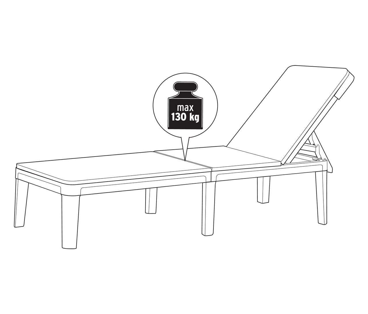 Skizze einer Liege mit einer maximalen Belastbarkeit von 130 kg.