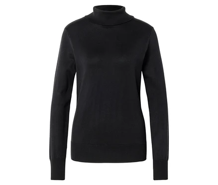 Schwarzer Rollkragenpullover mit langen Ärmeln, der auf einem weißen Hintergrund liegt.
