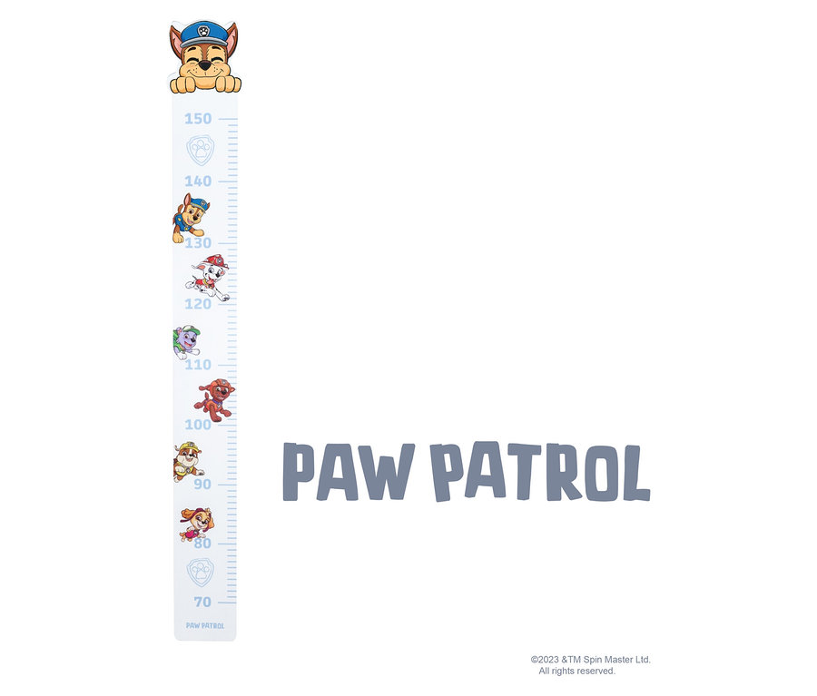 PAW Patrol-Wachstumstabelle mit Charakteren und metrischen Messungen.
