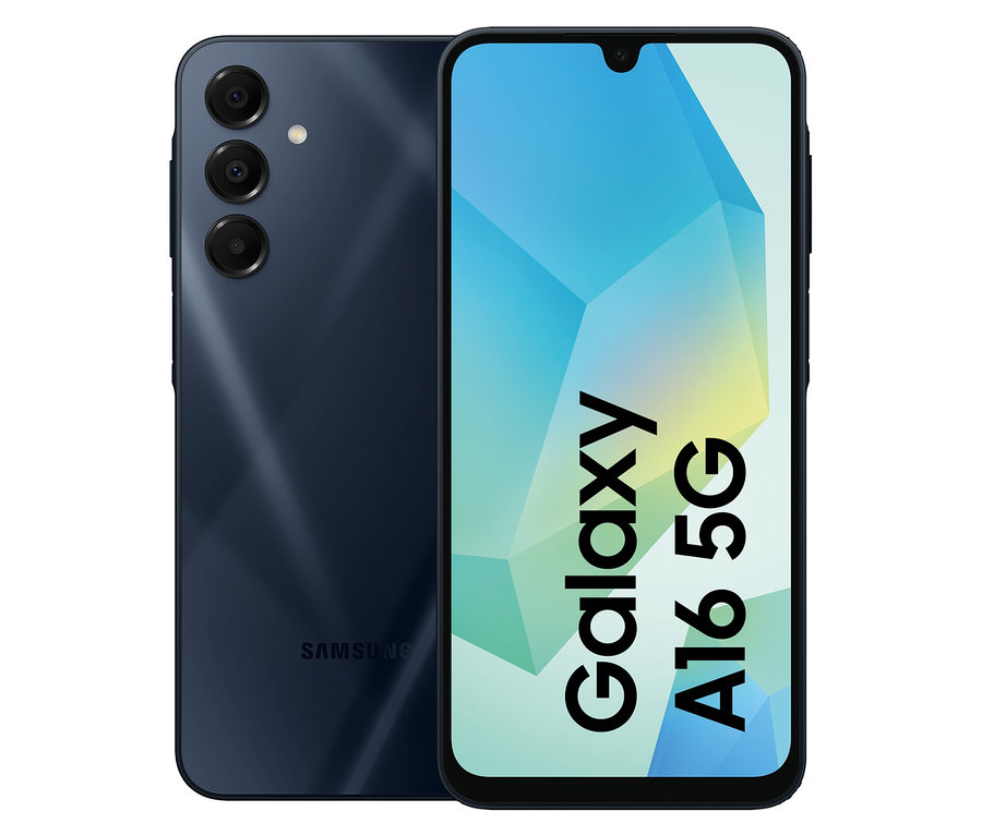 Das blaue Samsung Galaxy A16 5G 128GB wird von vorn und von hinten gezeigt.