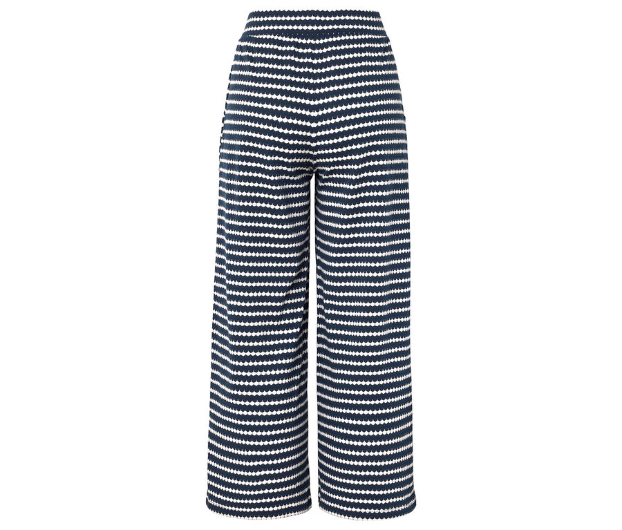 Gestreifte, weite Stoffhose in Blau und Weiß.
