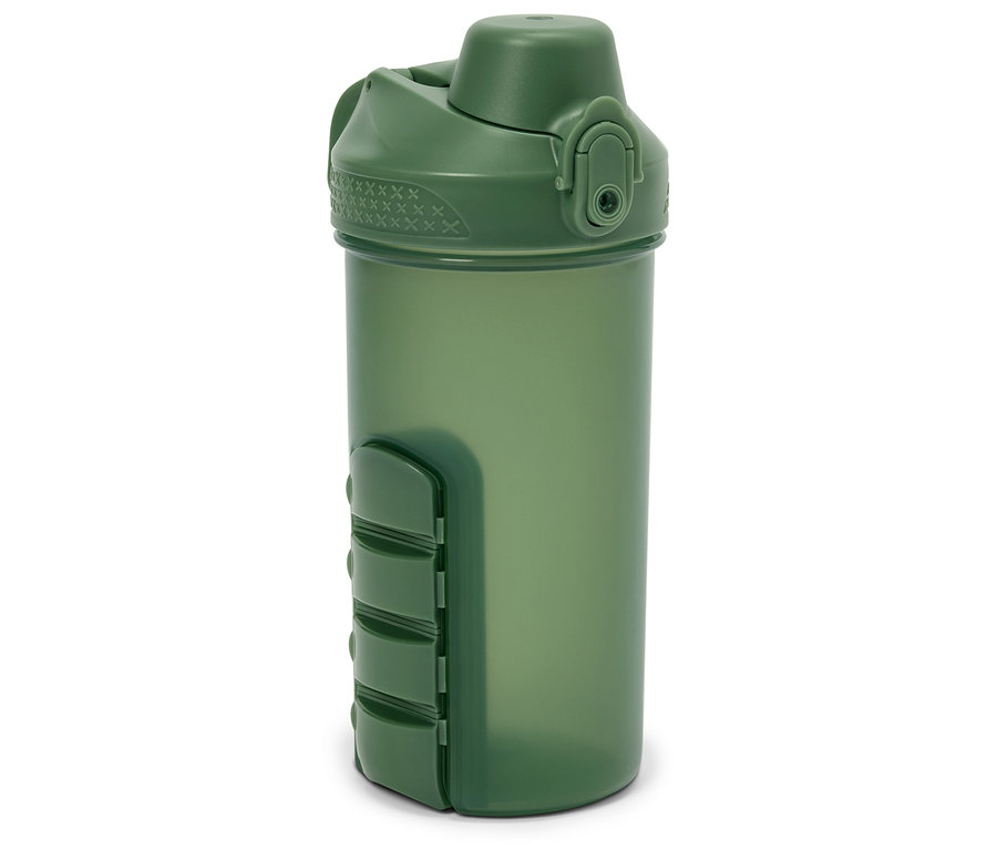 Grüne Shaker-Flasche mit Deckel und integriertem Pillenfach.