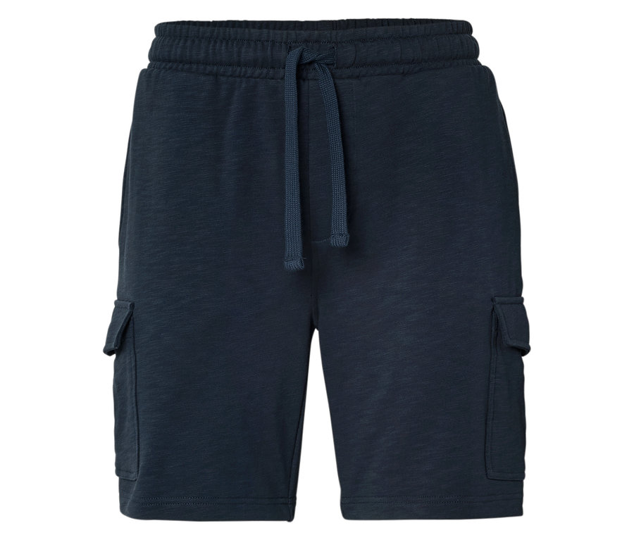 Blaue Cargo-Shorts mit Kordelzug und Taschen.