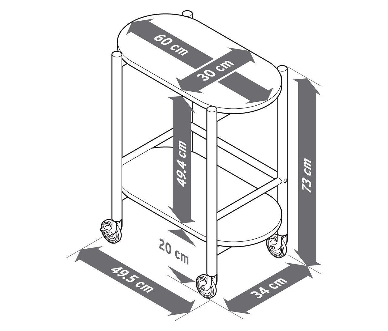 Abbildung eines Barwagens aus Massivholz mit 2 Ebenen und Maßangaben.