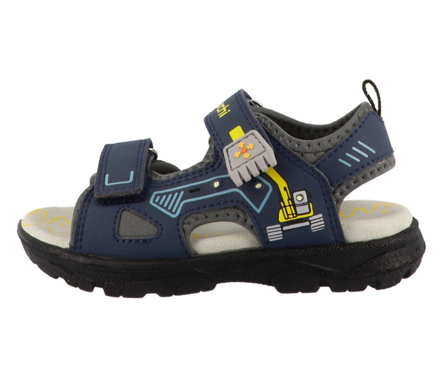 Dunkelblaue LURCHI Jungen-Sandale »Kodo« mit gelbem Bagger-Motiv und grauen Akzenten.