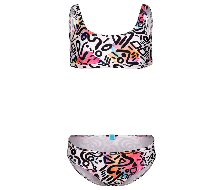 Weißer Bikini mit abstraktem Muster in Schwarz, Pink, Orange und Blau.