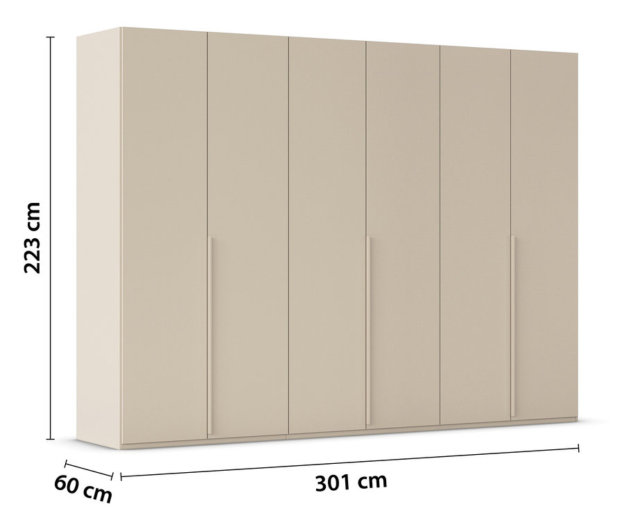 Beiger Kleiderschrank mit sechs Türen und Griffen. Die Maße sind 223 cm Höhe, 60 cm Tiefe und 301 cm Breite.