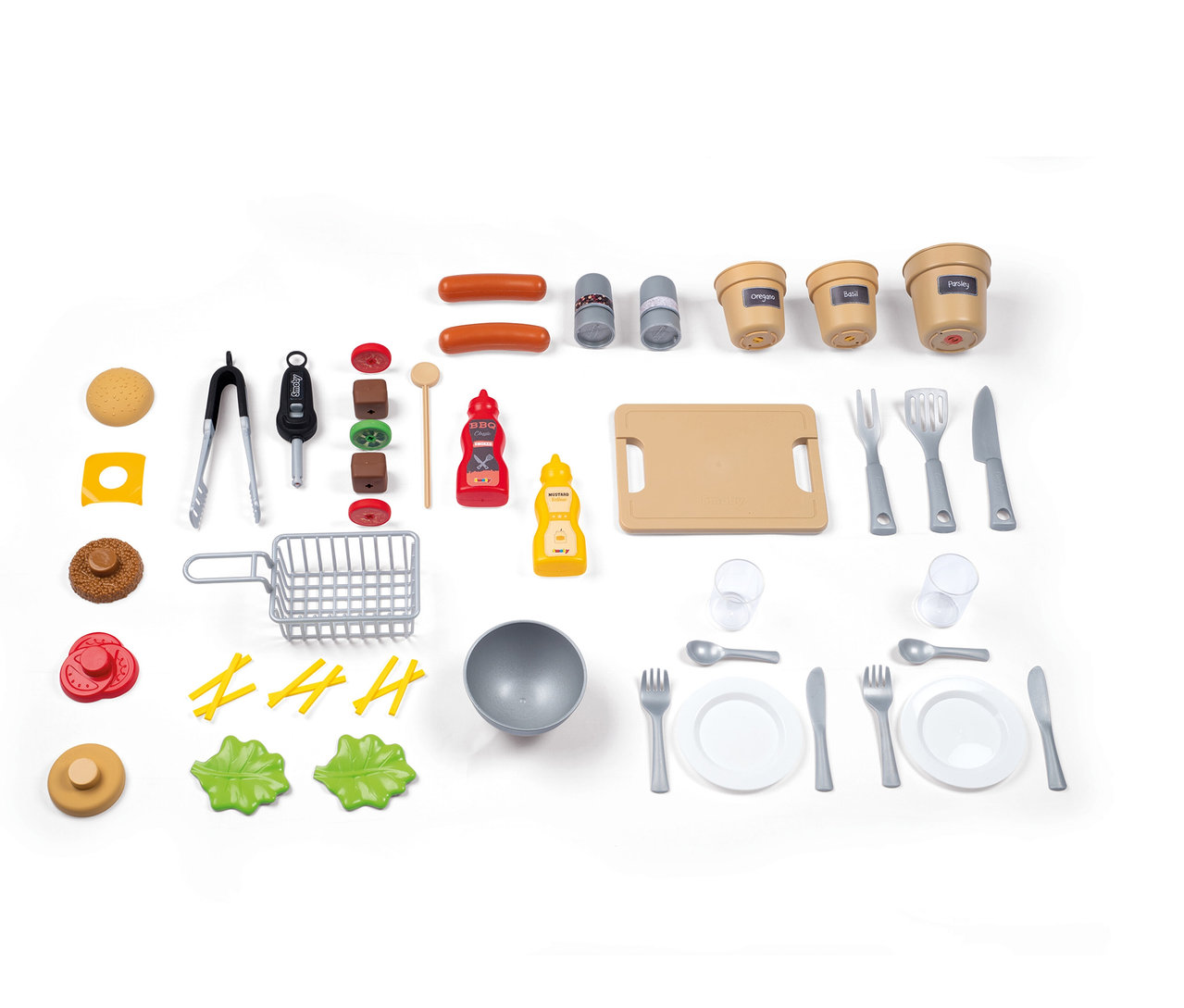 Smoby Outdoor-Gartenküche Spielzeug mit Burgerzutaten, Würstchen, Gewürzen, Geschirr, Besteck und Kochutensilien auf weißem Hintergrund.