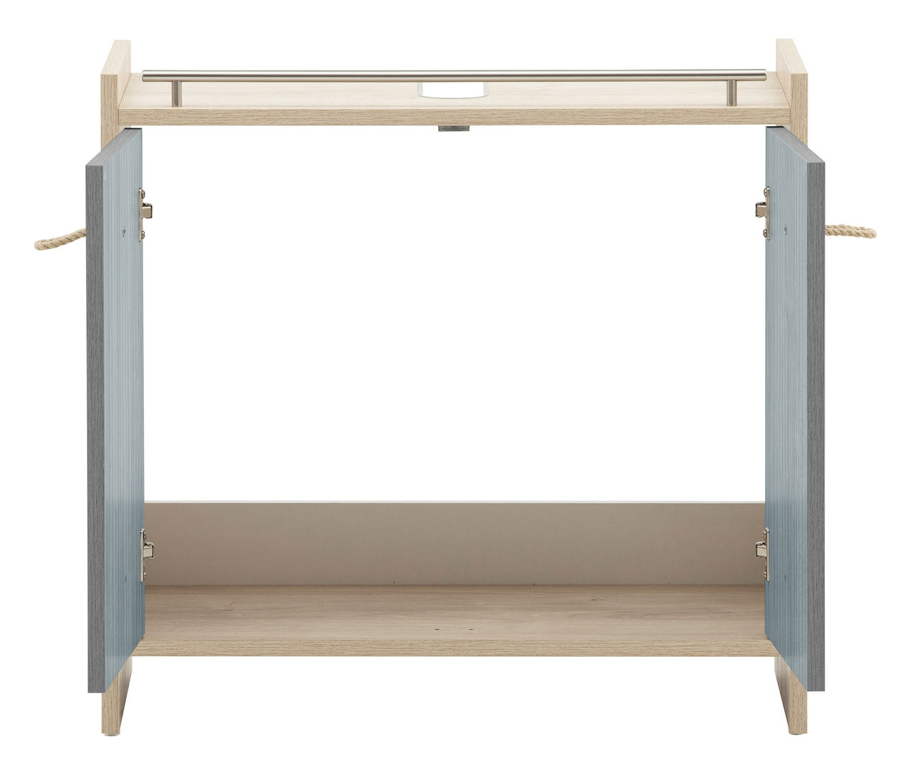 Geöffneter Waschbeckenunterschrank »Sonderby« in Nordic Blue Oak mit zwei Türen und Griffen aus Seil.
