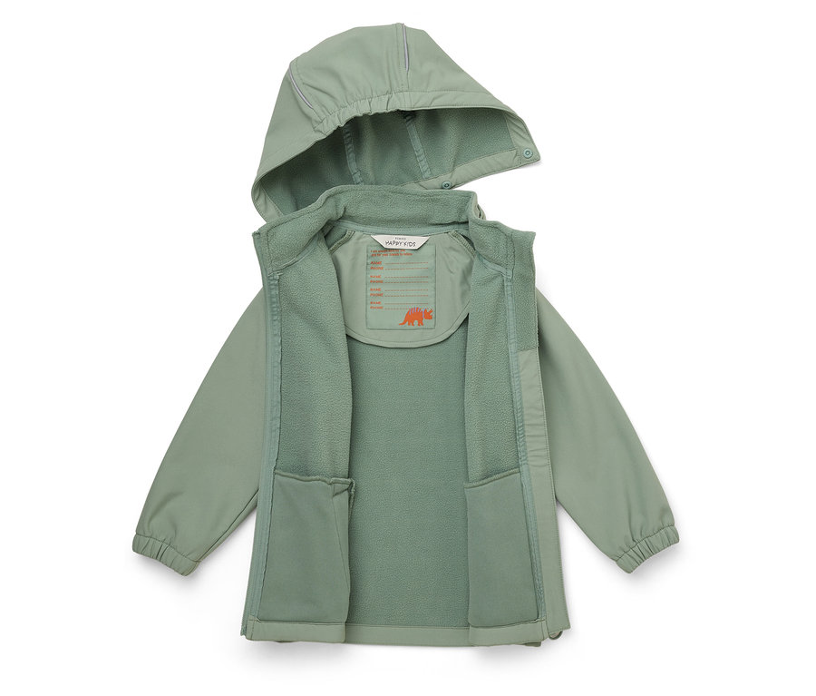 Offene, hellgrüne Kinderjacke mit Kapuze, Fleece-Futter und Namensschild mit Dinosaurier-Motiv.