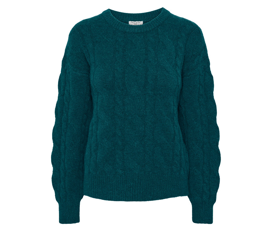 Petrolfarbener Strickpullover.