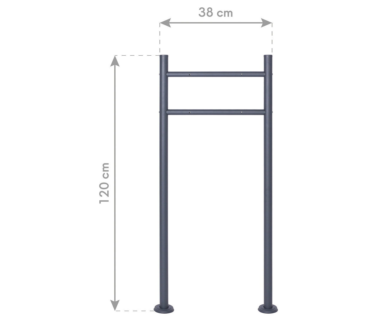 Graues, freistehendes Handtuchgestell mit zwei Stangen und Maßangaben (120 cm Höhe, 38 cm Breite).