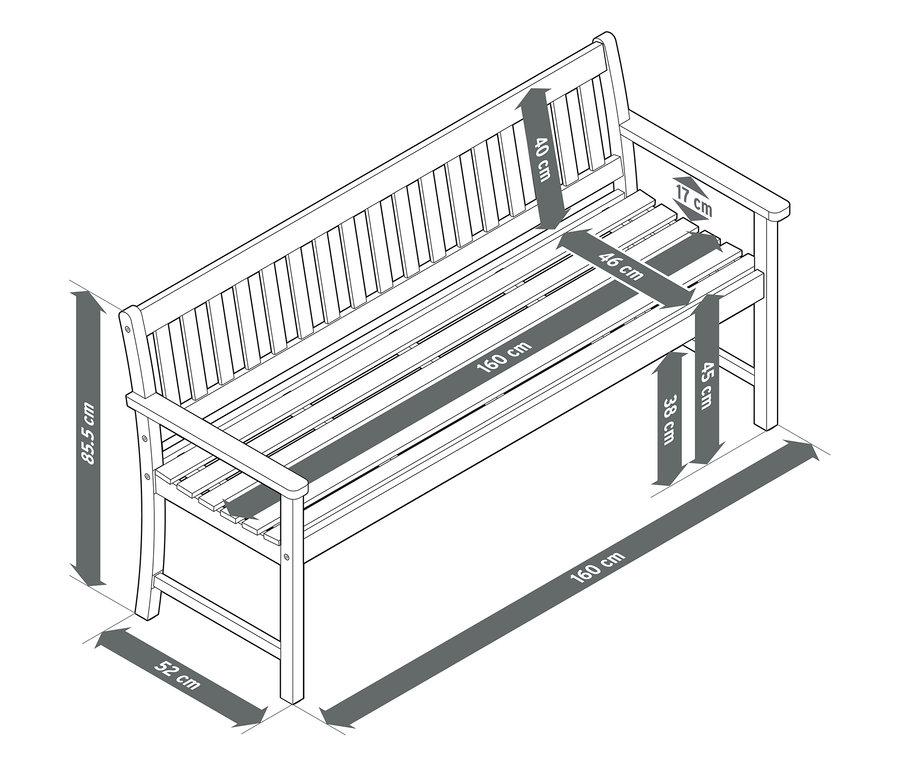 Draufsicht einer klassischen Teak-Gartenbank (ca. 160 cm) mit Maßangaben.
