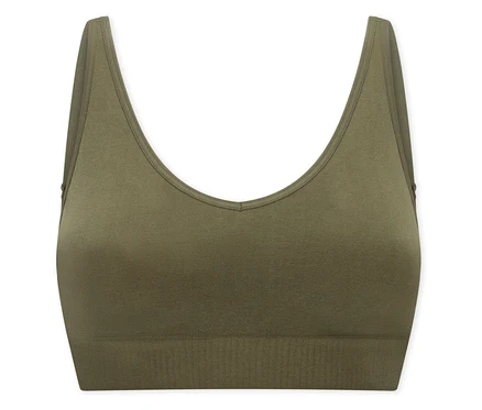 Olivgrüner SCHIESSER Soft-BH mit Pads, V-Ausschnitt, breiten Trägern und geripptem Unterbrustband.