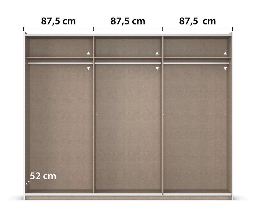 Drei braune Schiebetürenschränke mit den Maßen 87,5 cm Breite und 52 cm Tiefe.