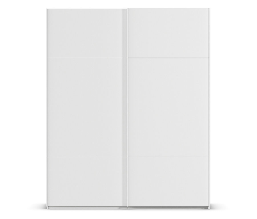 Weißer Schiebetürenschrank mit sechs Paneelen, frontal aufgenommen.