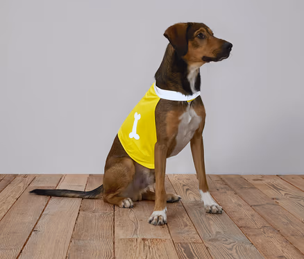 Ein brauner Hund mit gelbem Shirt mit Knochen sitzt auf einem Holzboden vor einem grauen Hintergrund.