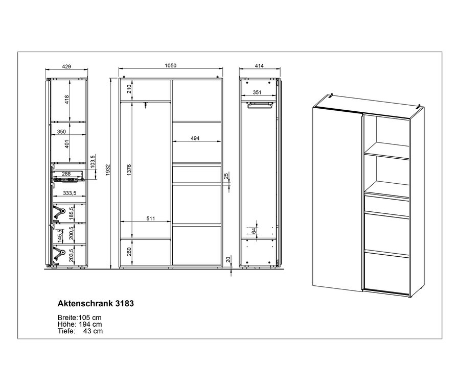 Technische Zeichnung der Kompaktgarderobe »Aledo« mit Breiten-, Höhen- und Tiefenangaben.