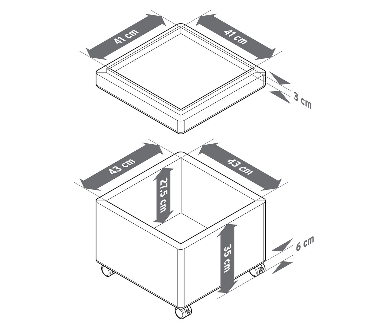 Draufsicht und perspektivische Ansicht eines Poufs mit Rollen und Tablett, jeweils mit Maßangaben in Zentimetern.