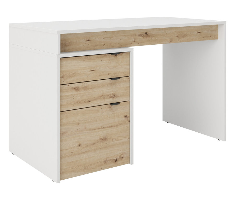 Weißer Schreibtisch mit drei Schubladen in Holzoptik.