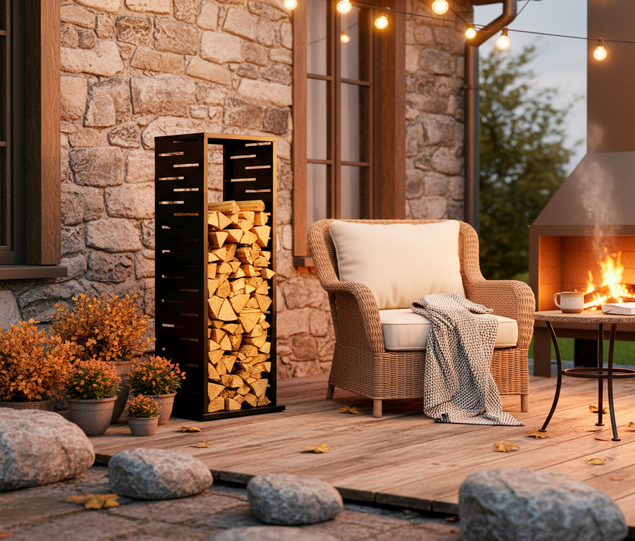 Holzstapel in einem schwarzen Metallregal neben einem Korbsessel mit Decke auf einer Terrasse mit Steinkamin.