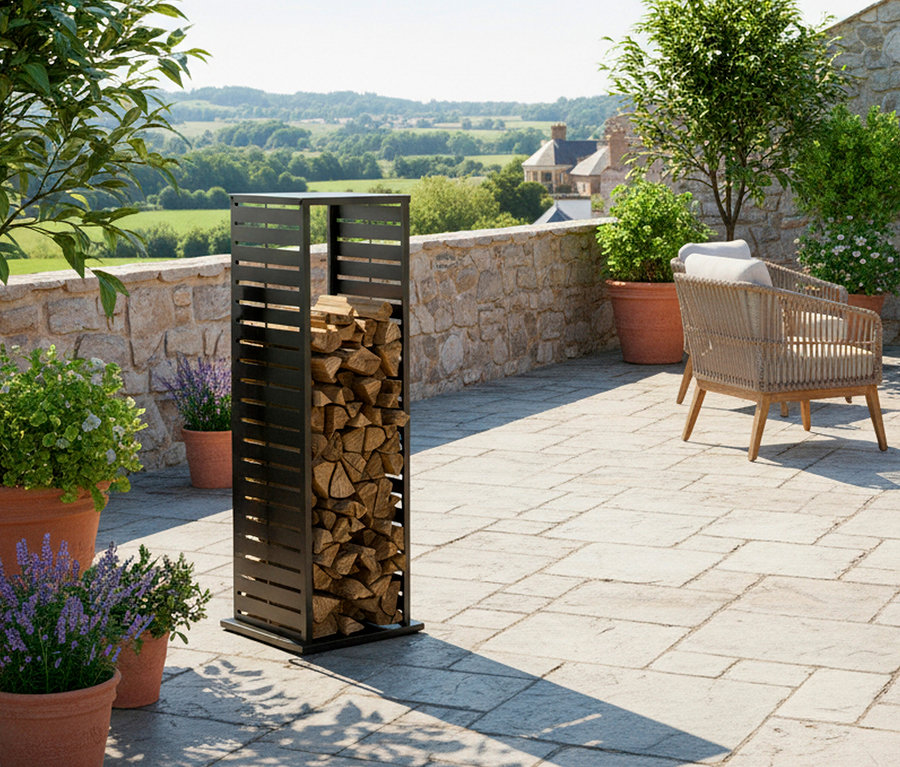 Auf einer Terrasse steht ein Regal mit Holzscheiten neben einem Korbsessel.
